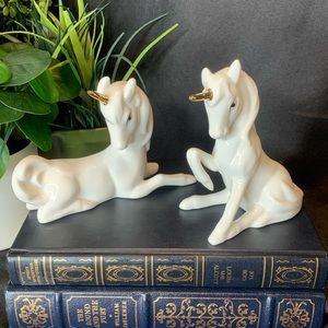 Set of 2 vintage Enesco white porcelain Unicorns with gold horns
